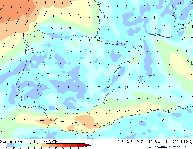 Surface wind (bft) ECMWF Su 29.09.2024 12 UTC