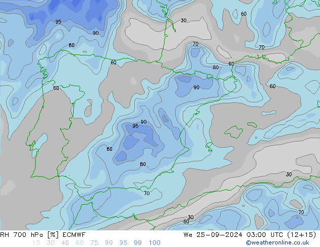 RH 700 hPa ECMWF We 25.09.2024 03 UTC