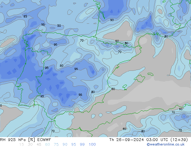 Humedad rel. 925hPa ECMWF jue 26.09.2024 03 UTC