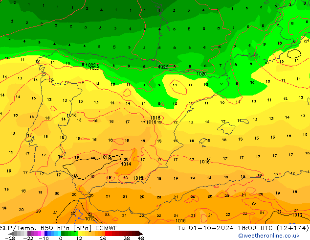 SLP/Temp. 850 гПа ECMWF вт 01.10.2024 18 UTC