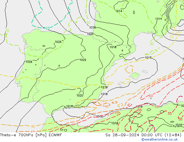 Theta-e 700hPa ECMWF Sáb 28.09.2024 00 UTC