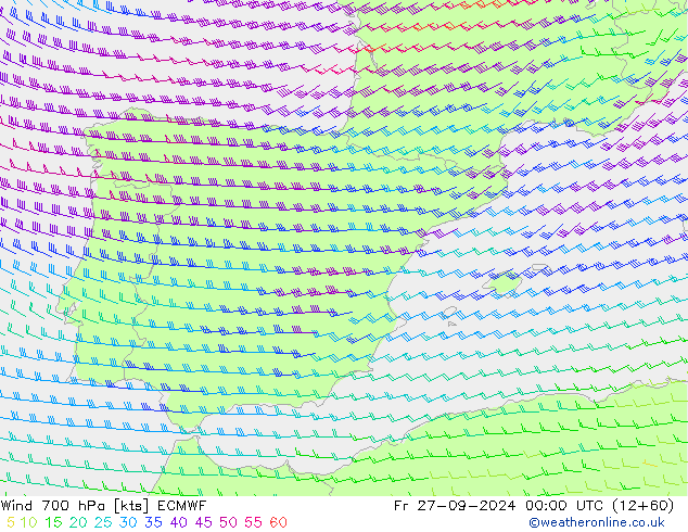 Vento 700 hPa ECMWF ven 27.09.2024 00 UTC