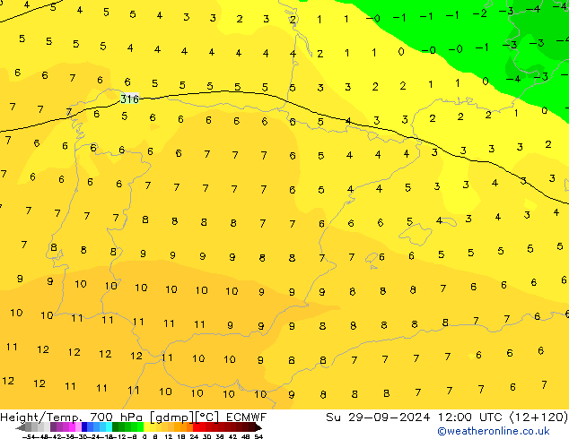 Height/Temp. 700 hPa ECMWF Su 29.09.2024 12 UTC