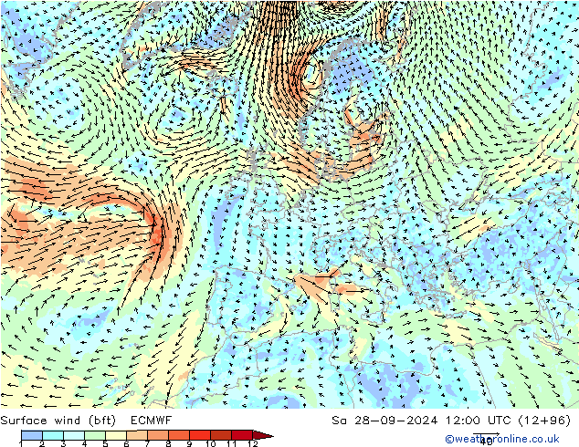 Rüzgar 10 m (bft) ECMWF Cts 28.09.2024 12 UTC