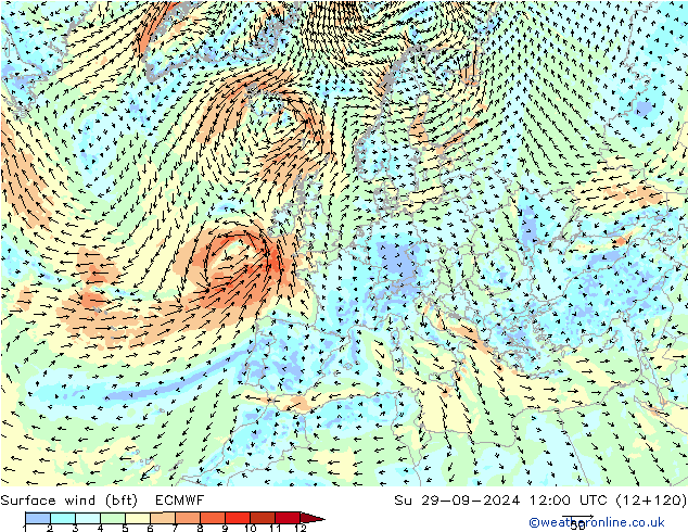 wiatr 10 m (bft) ECMWF nie. 29.09.2024 12 UTC