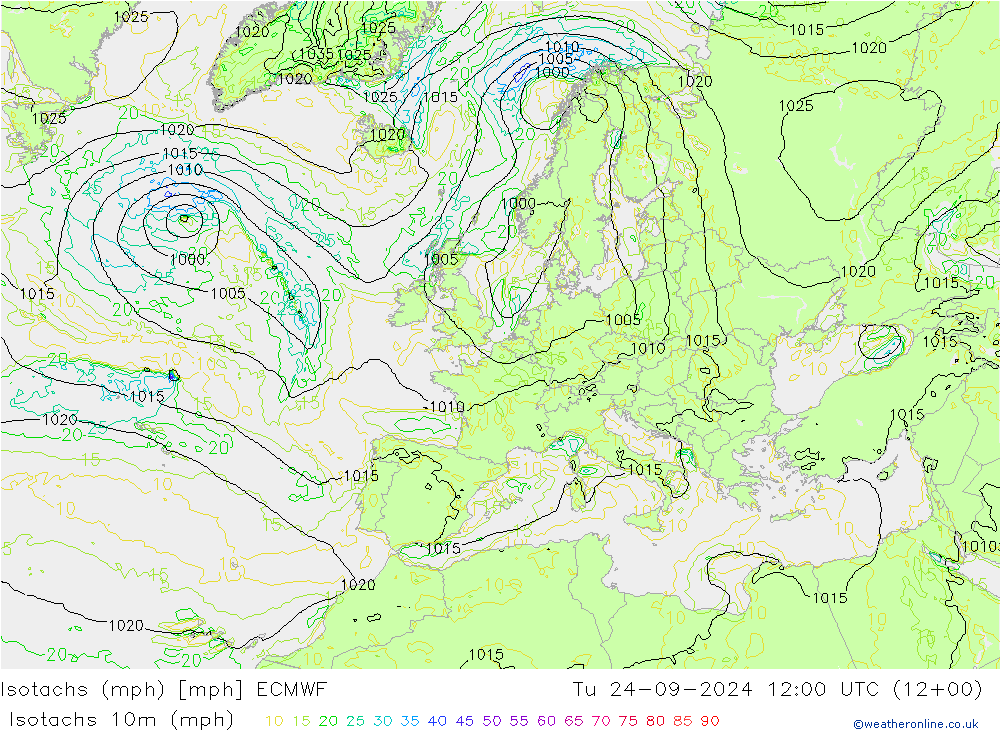 Isotachs (mph) ECMWF mar 24.09.2024 12 UTC