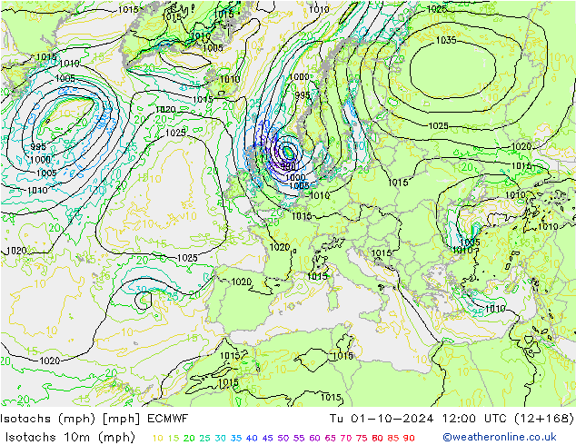 Isotachs (mph) ECMWF Tu 01.10.2024 12 UTC