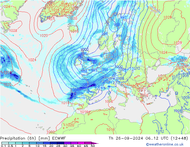 Precipitación (6h) ECMWF jue 26.09.2024 12 UTC