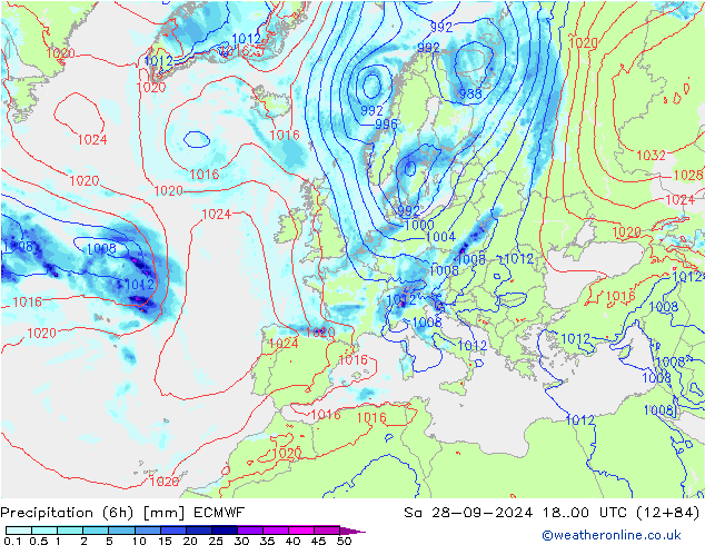 Z500/Rain (+SLP)/Z850 ECMWF sam 28.09.2024 00 UTC