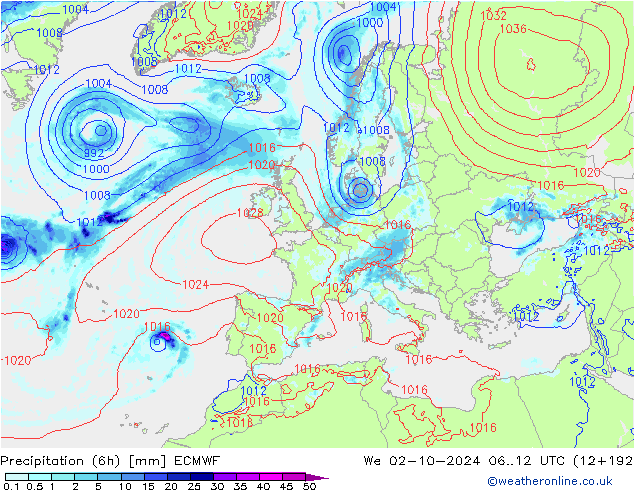 Z500/Rain (+SLP)/Z850 ECMWF Qua 02.10.2024 12 UTC