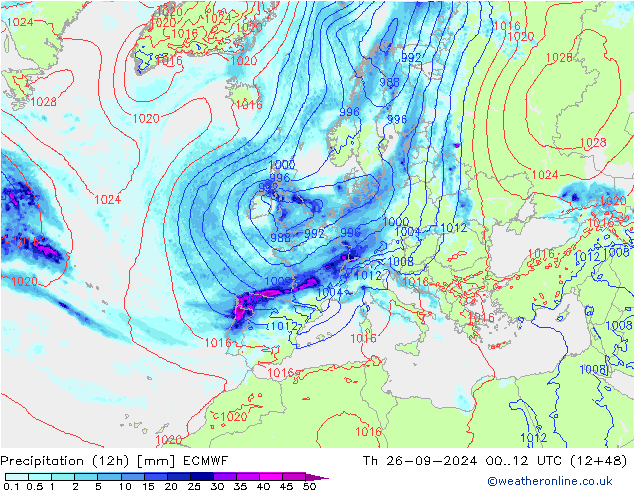 Nied. akkumuliert (12Std) ECMWF Do 26.09.2024 12 UTC