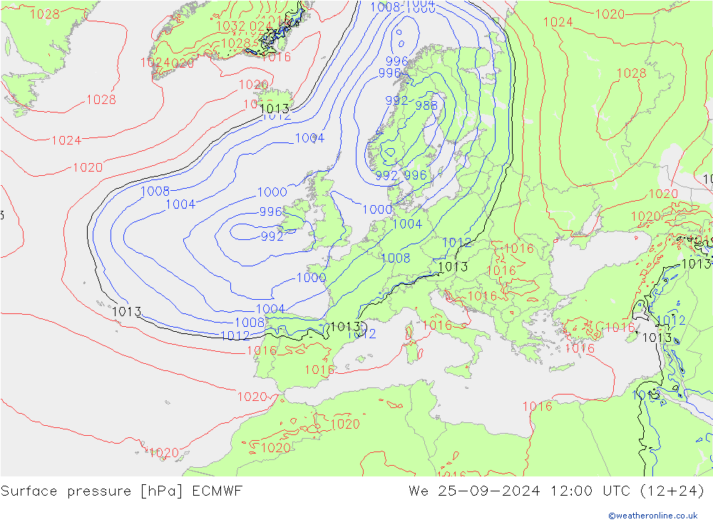 Atmosférický tlak ECMWF St 25.09.2024 12 UTC