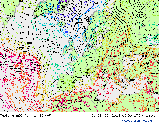 Theta-e 850hPa ECMWF Sa 28.09.2024 06 UTC