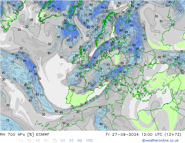 Humedad rel. 700hPa ECMWF vie 27.09.2024 12 UTC