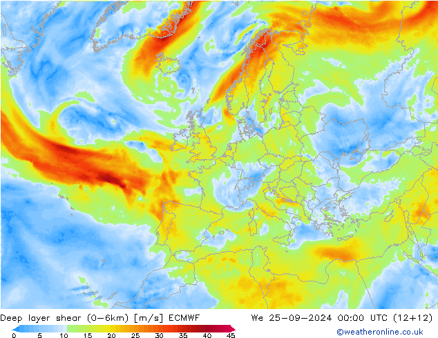 Deep layer shear (0-6km) ECMWF mer 25.09.2024 00 UTC