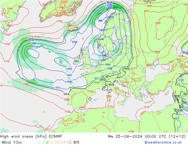 High wind areas ECMWF We 25.09.2024 00 UTC