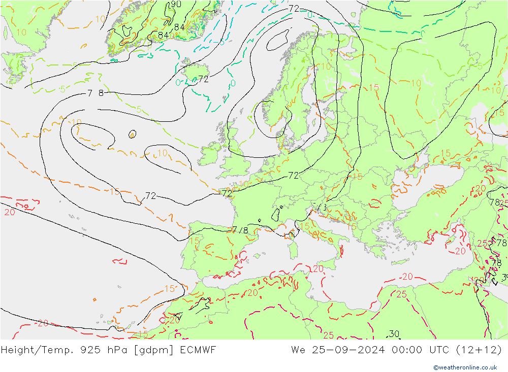 Height/Temp. 925 hPa ECMWF We 25.09.2024 00 UTC