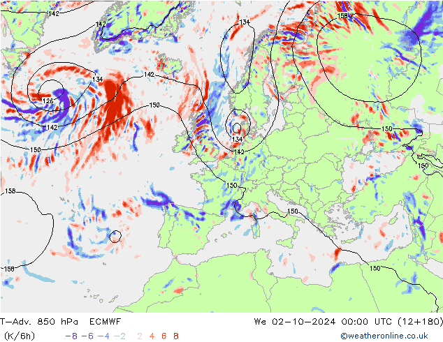 T-Adv. 850 hPa ECMWF We 02.10.2024 00 UTC