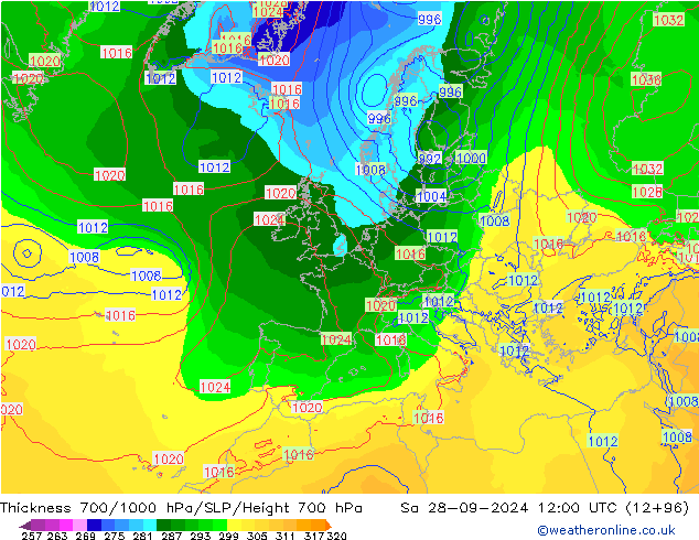 Espesor 700-1000 hPa ECMWF sáb 28.09.2024 12 UTC