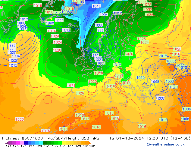 Thck 850-1000 hPa ECMWF Tu 01.10.2024 12 UTC