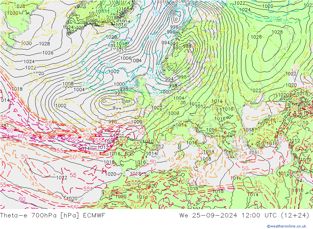 Theta-e 700hPa ECMWF Çar 25.09.2024 12 UTC