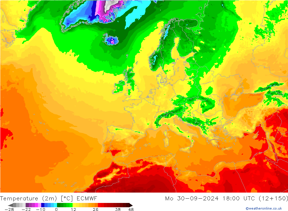 Temperature (2m) ECMWF Mo 30.09.2024 18 UTC