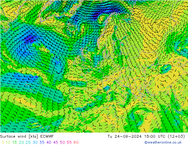 Surface wind ECMWF Út 24.09.2024 15 UTC