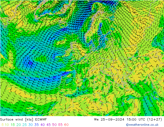 Surface wind ECMWF We 25.09.2024 15 UTC