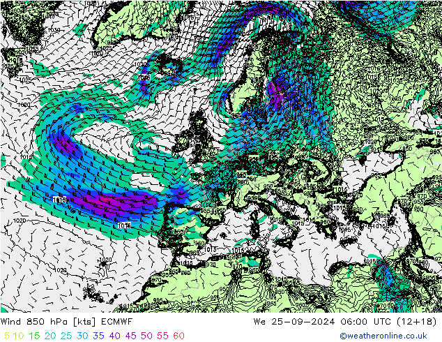 Wind 850 hPa ECMWF We 25.09.2024 06 UTC