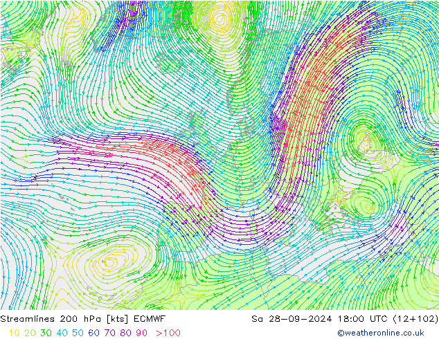 Streamlines 200 hPa ECMWF Sa 28.09.2024 18 UTC