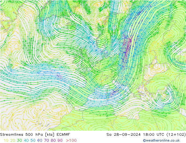 Streamlines 500 hPa ECMWF Sa 28.09.2024 18 UTC