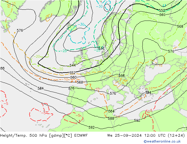 Z500/Rain (+SLP)/Z850 ECMWF Qua 25.09.2024 12 UTC