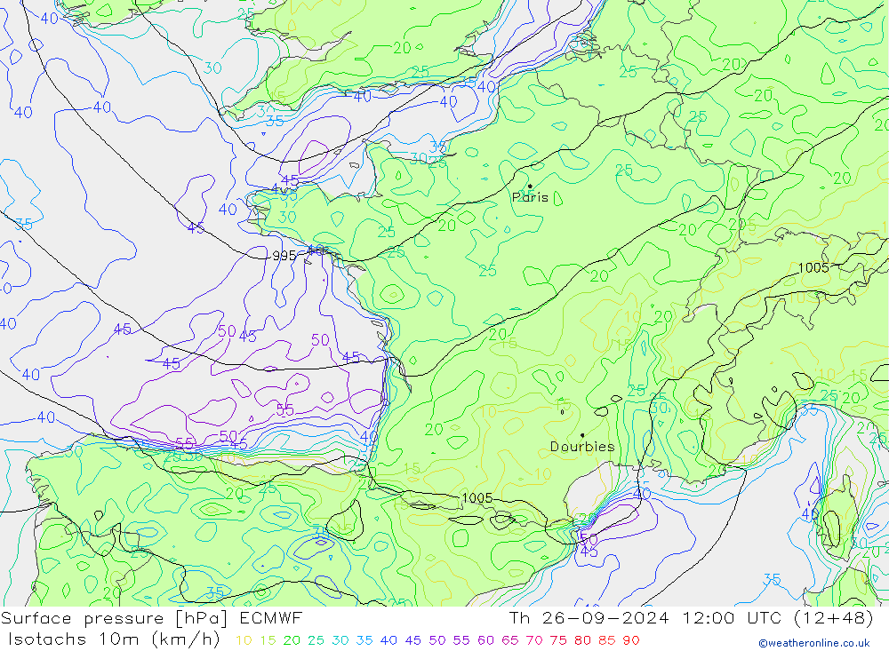 Isotachs (kph) ECMWF  26.09.2024 12 UTC