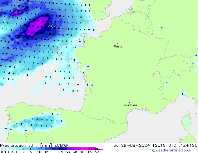 Totale neerslag (6h) ECMWF zo 29.09.2024 18 UTC