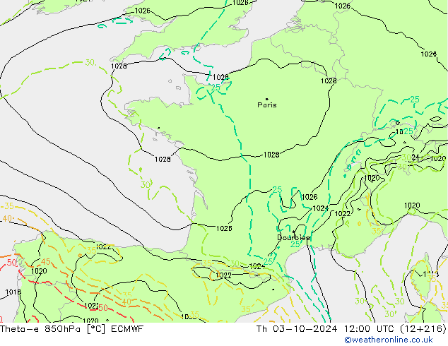 Theta-e 850hPa ECMWF do 03.10.2024 12 UTC