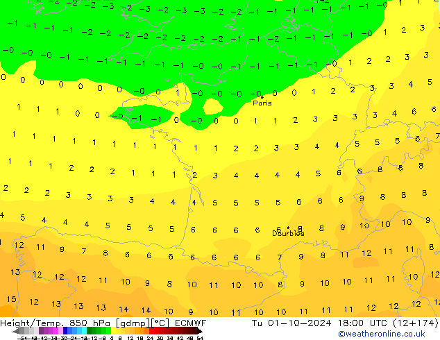 Height/Temp. 850 hPa ECMWF  01.10.2024 18 UTC