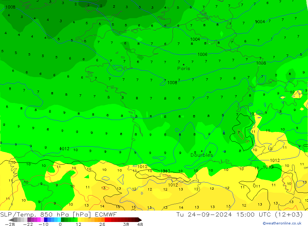 850 hPa Yer Bas./Sıc ECMWF Sa 24.09.2024 15 UTC