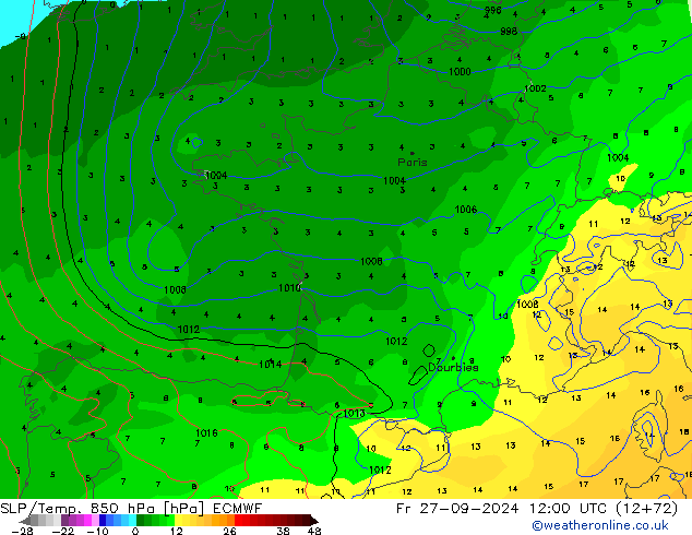 SLP/Temp. 850 гПа ECMWF пт 27.09.2024 12 UTC