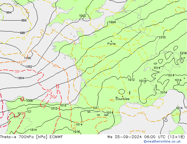 Theta-e 700hPa ECMWF We 25.09.2024 06 UTC