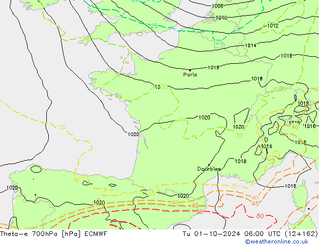 Theta-e 700hPa ECMWF  01.10.2024 06 UTC