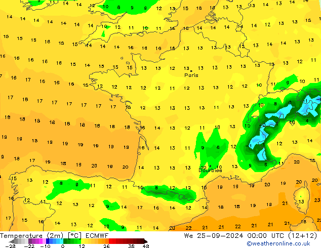 Sıcaklık Haritası (2m) ECMWF Çar 25.09.2024 00 UTC