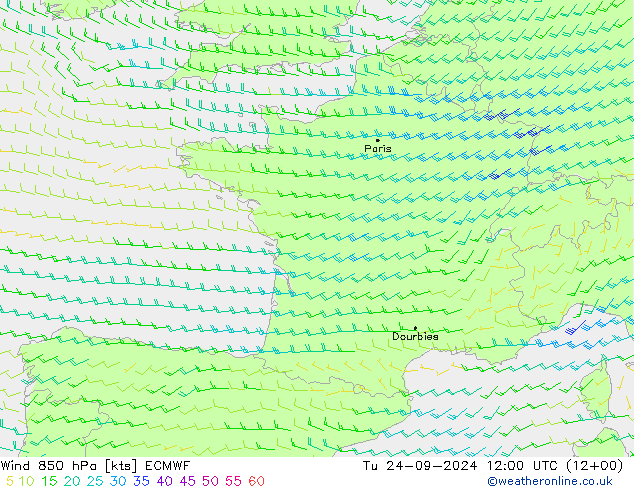 Wind 850 hPa ECMWF Tu 24.09.2024 12 UTC