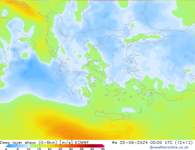 Deep layer shear (0-6km) ECMWF ср 25.09.2024 00 UTC