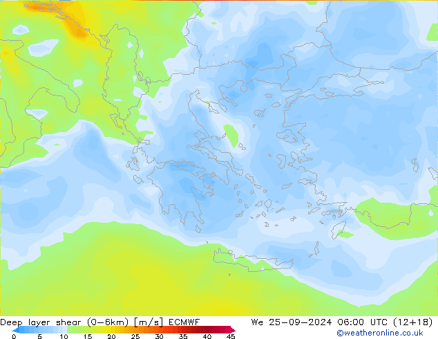 Deep layer shear (0-6km) ECMWF St 25.09.2024 06 UTC