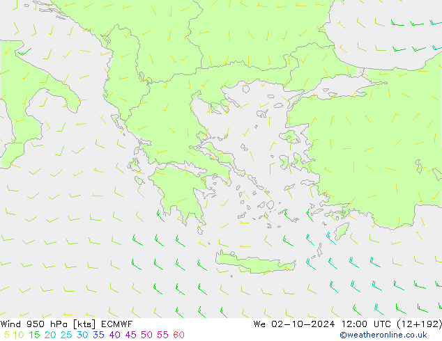 Vento 950 hPa ECMWF Qua 02.10.2024 12 UTC