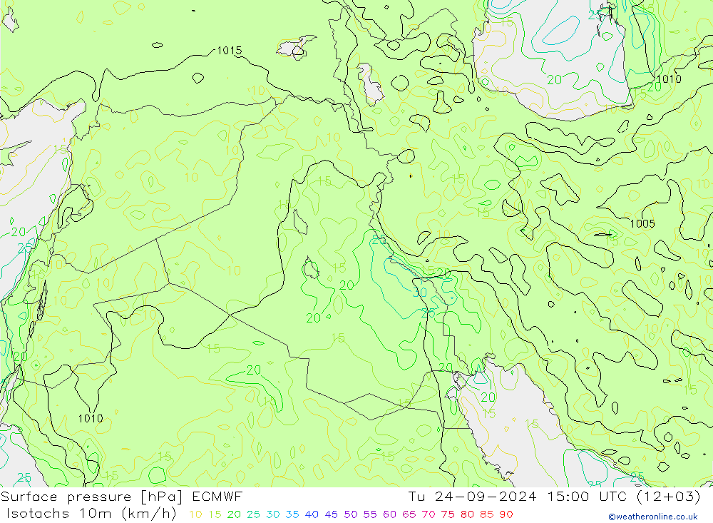 Izotacha (km/godz) ECMWF wto. 24.09.2024 15 UTC