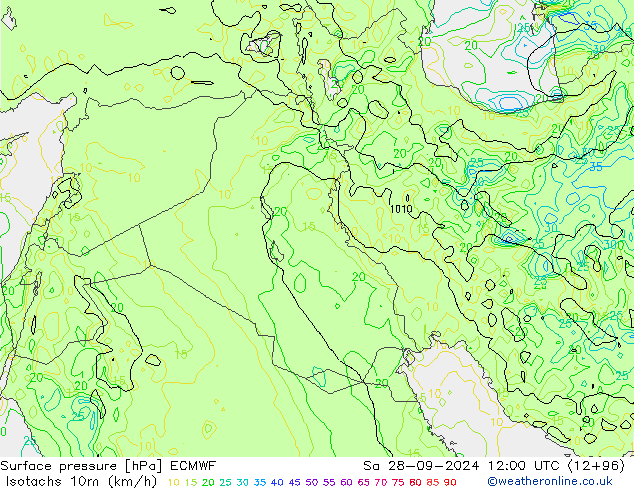 Isotachs (kph) ECMWF сб 28.09.2024 12 UTC