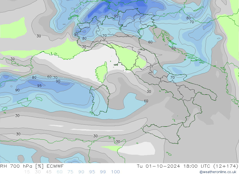 RH 700 hPa ECMWF mar 01.10.2024 18 UTC