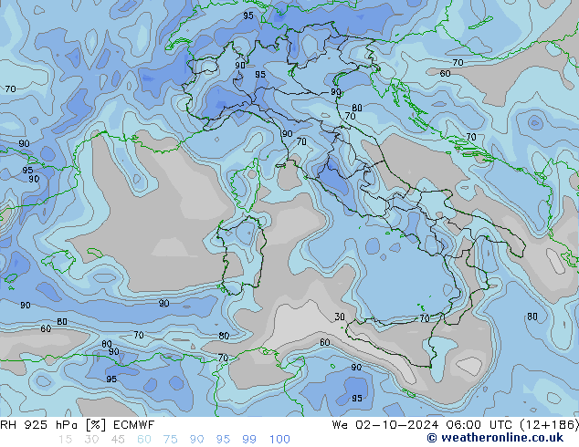 RH 925 hPa ECMWF śro. 02.10.2024 06 UTC