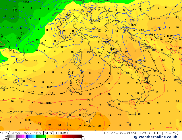 SLP/Temp. 850 гПа ECMWF пт 27.09.2024 12 UTC